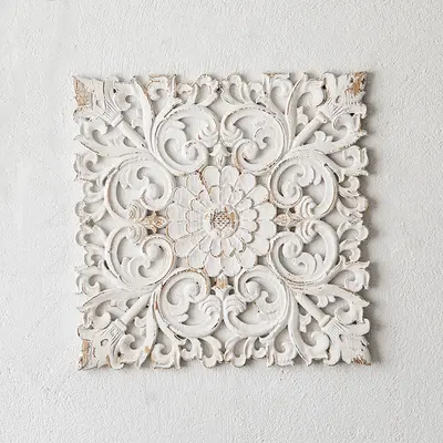 22" French Country Square Wood Wall Decor Distressed White Carved Flower for Living Room