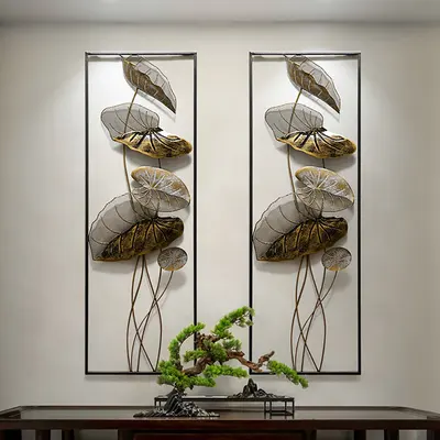 35.8" 2 Pieces Metal Lotus Leaves Wall Decor Set for Living Room with Black Frame