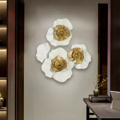 23.6" x 27.6" Modern Metal Flower Wall Decor Home Wall Art in Gold & White Living Room
