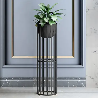 23.6" Black Plant Pot Indoor Modern Metal Planter with Stand for Living Room