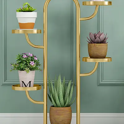 Gold Tree-Shaped Plant Stands, Set of 2 view 3