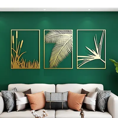 3 Pieces Metal Wall Decor Modern Gold Palm Leaves Art with Rectangle Frame 1200mmW*530mmH