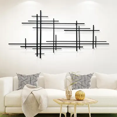39"Modern Minimalist Black Metal Wall Decor with Vertical Lines Sculpture Hanging Decor for Living Room,Office,Hotel 1000mm*550mm