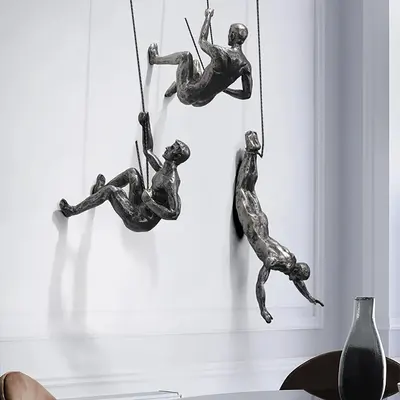 Industrial 3 Pieces Climbing Man Resin Wall Decor in Silver for Living Room & Entryway
