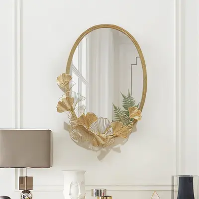 33.9" Glam Oval Wall Mirror Hollow-out Ginkgo Leaves in Gold Metal Frame For Bedroom