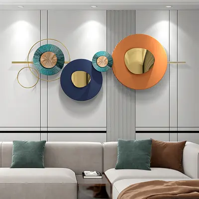 Modern Round Metal Wall Art 59" x 23" Geometric Decor in Orange & Gold & Blue Living Room