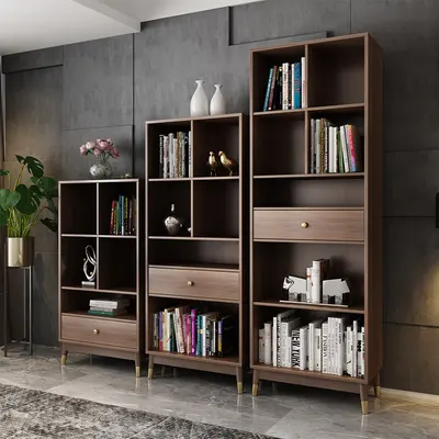 Walnut Bookshelf with Metal Frame and Drawer view 2