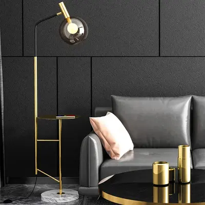 67" Modern Tray Table Floor Lamp Cognac Dome Glass Shade 1-Light in Gold