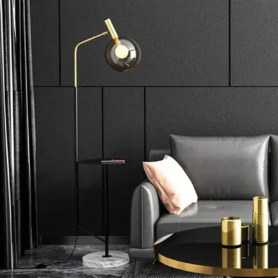67" Modern Tray Table Floor Lamp 1-Light Cognac Dome Glass Shade in Black