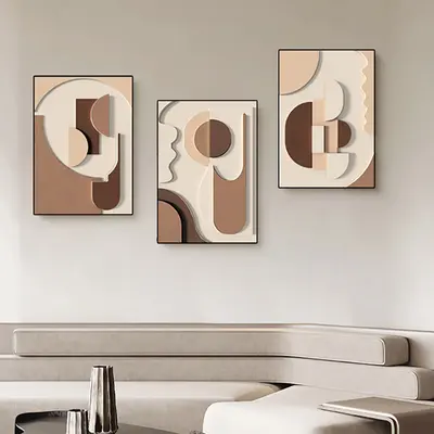 3 Pieces Japandi Wall Decor for Living Room Abstract Art Print with Frame in Brown