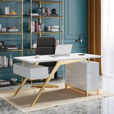 White Executive Home Office Desk with Storage (55")