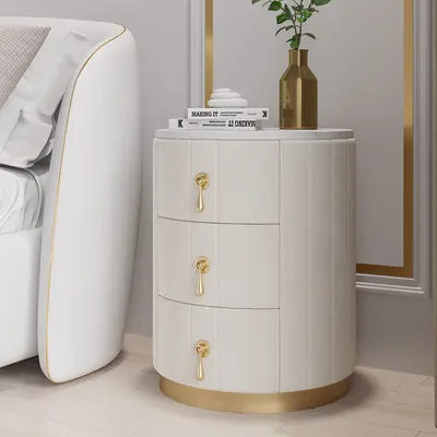 Round Velvet 3-Drawer Nightstand with Faux-Marble Top view 2