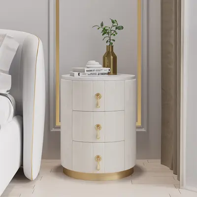 Round Velvet 3-Drawer Nightstand with Faux-Marble Top view 2