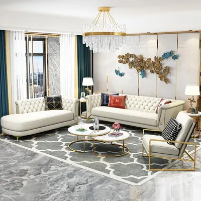 Modern Off-White Chesterfield Sofa Set with Chaise Lounge