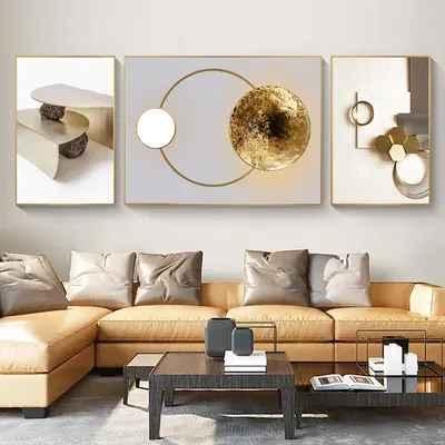 3 Piece White Gold Abstract Canvas Wall Art Set Modern Geometric Wall Decor Canvas Print 63" Wide for Living Room
