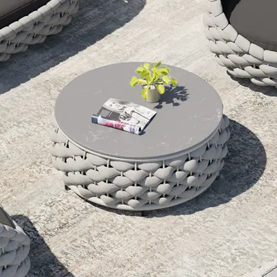 Modern Sintered Stone Round Coffee Table with Woven Base