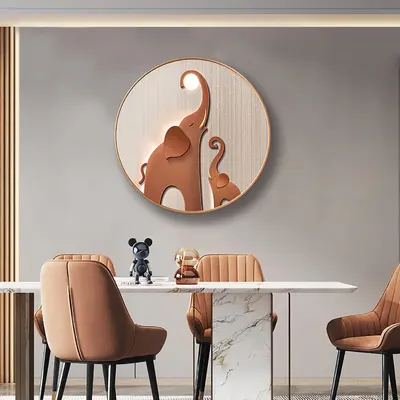 Modern 3D Aluminium Alloy Round Elephant Wall Decor for Living Room Cute Painting with Frame in Brown 600mm*600mm