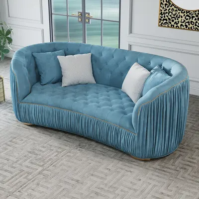Luxury Curved Royal Blue Velvet Tufted 3-Seater Sofa (83")