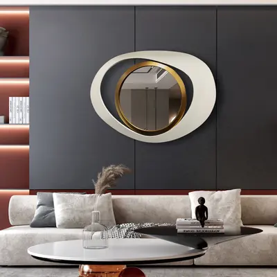Modern 26" x 35" White & Gold Abstract Geometry Wall Mirror for Living Room & Bedroom
