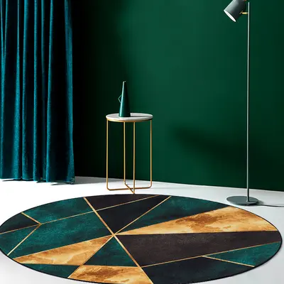 4' Modern Green Black and Gold Geometirc Round Indoor Area Rug Decorative Carpet