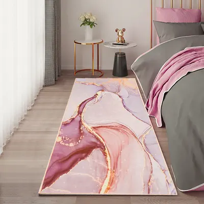 2' x 8' Pink and Gold Abstract Modern Runner Rug Kitchen & Hallway Carpet with Flowing Pattern