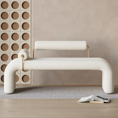 White Line-Tufted Velvet Entryway Bench, Gold Frame view 3