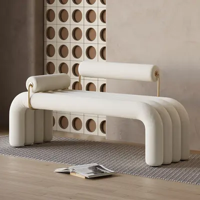 White Line-Tufted Velvet Entryway Bench, Gold Frame view 2