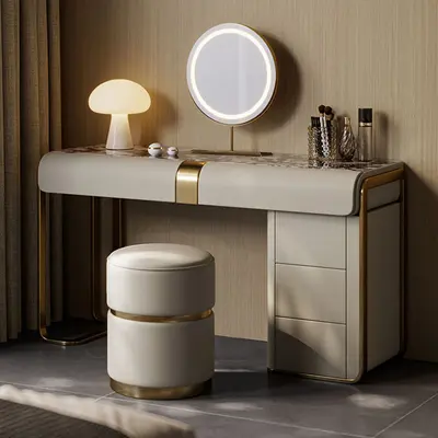 Modern Gray Extendable Makeup Vanity Set with LED Mirror & Stool