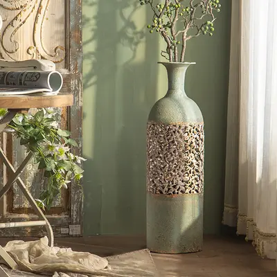 26.4" French Country Large Metal Floor Vase Tall Home Geometric Decor Art Green & White