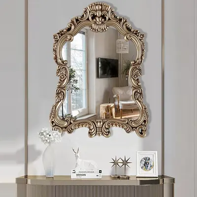 Large Vintage French Arch Shield Wall Mirror with 19th Century Champagne Gold Finish Art Decor