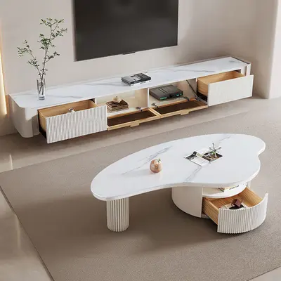 Wall-Mounted Fluted TV Console, Stone Top view 3