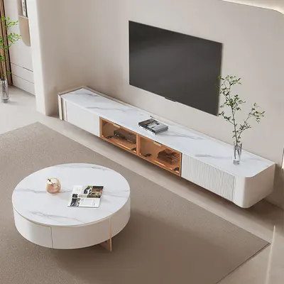 Wall-Mounted Fluted TV Console, Stone Top view 2