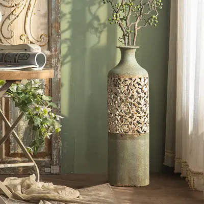 20.3" French Country Large Metal Floor Vase Tall Home Geometric Decor Art Green & White
