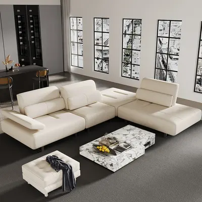 134" White Leather Deep Seat Lounge Sectional with Adjustable Back