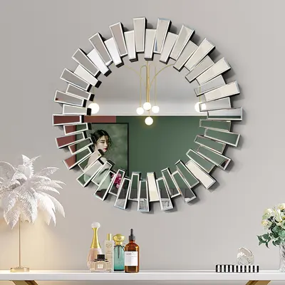 25.6" Modern Silver Round Sun Wall Mirror Decor Art with Geometric Frame Living Room
