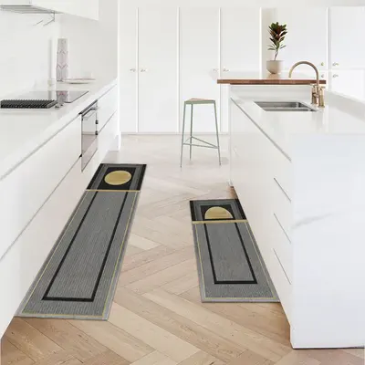 2 Piece Dark Gray Geometric Kitchen Rug Set Non-Slip Washable PVC Kitchen Runner Mats