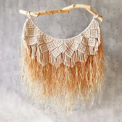 Large Handmade Boho Woven Raffia Wood Tapestry Natural Cotton Macrame Wall Hanging