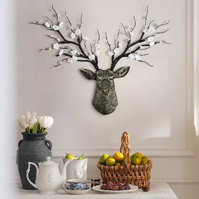Antique Bronze Deer Head Wall Decor White Cherry Blossom Artificial Flower Arrangement