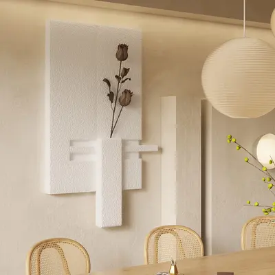 3D Abstract Geometric Japandi Beige Wall Sculpture Art Decor With Vase Living Room