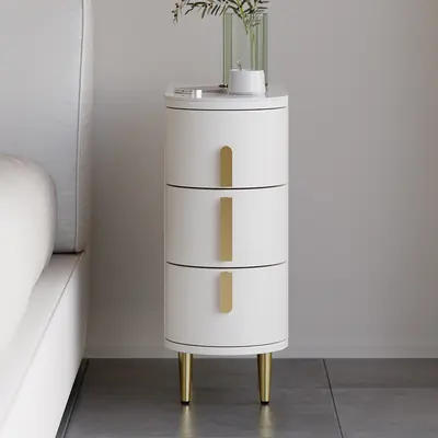 Off-White Narrow 3-Drawer Nightstand, Stone Top