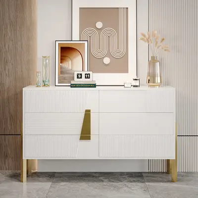 Modern White Fluted 6-Drawer Dresser with Gold Accents (55"W)