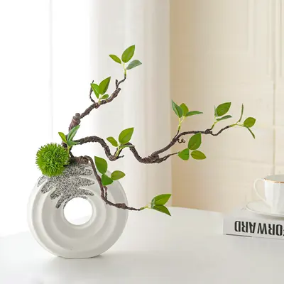15" Artificial Tree With White Ceramic Base Vase Faux Plastic Plant Decor Art Indoor