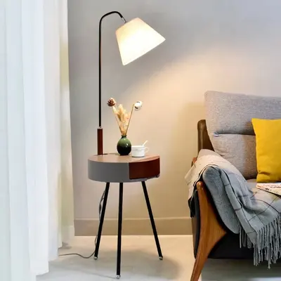 Arc White LED Wooden End Table Tripod Floor Lamp Fabric Shade