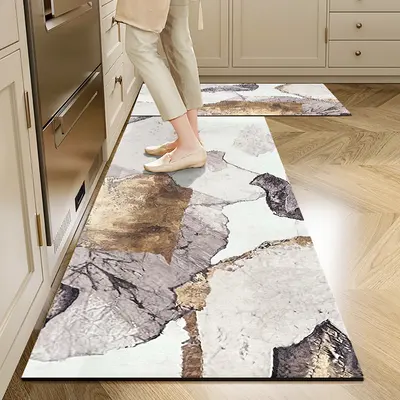 2 Piece Abstract Gold Non-Slip Abstract Kitchen Runner Mat Set Modern Kitchen Rug