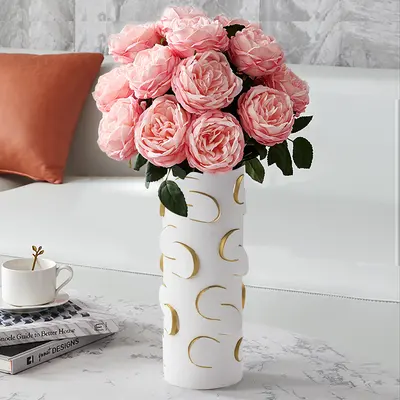 13.4" White & Gold Resin Cylinder Flower Vase Modern Decor Art Living Room Bedroom