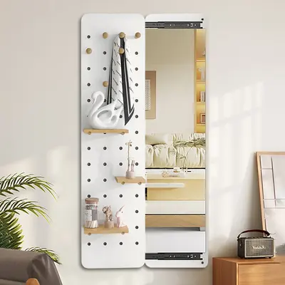 47.2" Pegboard Hidden Sliding Dressing Full Length Floating Wall Mirror Coat Rack Hooks