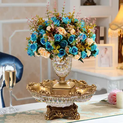 2 Tiered Gold & White Fruit Basket Glam Plate with Removable Vase Resin Snack Tray Decor