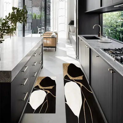2 Piece Abstract Non-Slip Diatom Mud Kitchen Runner Rug Set Gold & Black Kitchen Mat