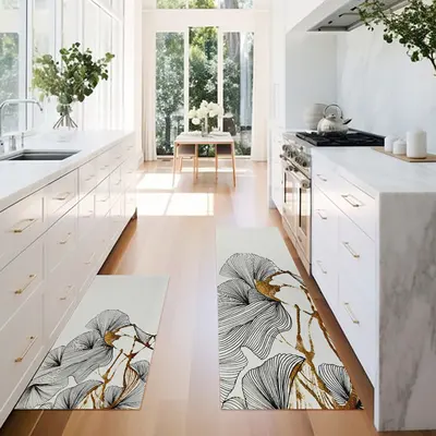 2 Piece Gold Geometric Kitchen Rug Set Non-Slip & Absorbent Kitchen Running Mats