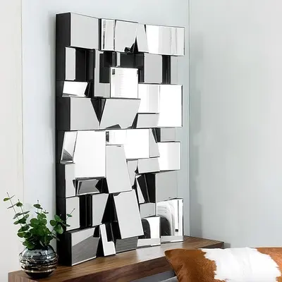 39.4" Modern Silver Rectangle Glam Irregular Earthquake Wall Mirror Decor Art with Geometric Frame in the Living Room